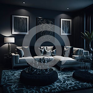 Hollywood Glam Style Interior Design, Modern Cozy Sofa with Pillows and Coffee Table, Apartament Living Room, Generative AI
