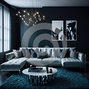 Hollywood Glam Style Interior Design, Modern Cozy Sofa with Pillows and Coffee Table, Apartament Living Room, Generative AI