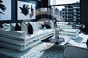 Hollywood Glam Style Interior Design, Modern Cozy Sofa with Pillows and Coffee Table, Apartament Living Room, Generative AI