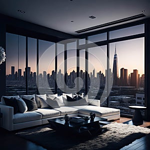 Hollywood Glam Style Interior Design, Modern Cozy Sofa with Pillows and Coffee Table, Apartament Living Room, Generative AI