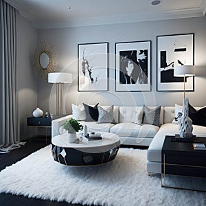 Hollywood Glam Style Interior Design, Modern Cozy Sofa with Pillows and Coffee Table, Apartament Living Room, Generative AI