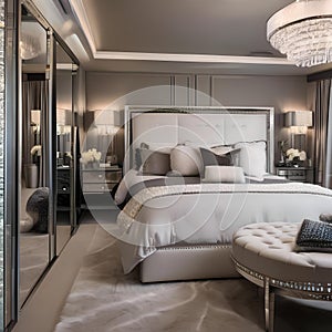 A Hollywood glamour-inspired bedroom with mirrored furniture, fur throws, and lavish crystal embellishments1