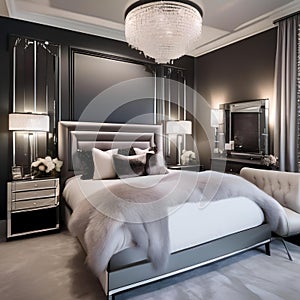 A Hollywood glamour-inspired bedroom with mirrored furniture, fur throws, and lavish crystal embellishments2