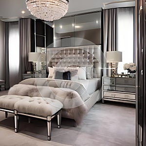 A Hollywood glamour-inspired bedroom with mirrored furniture, fur throws, and lavish crystal embellishments3