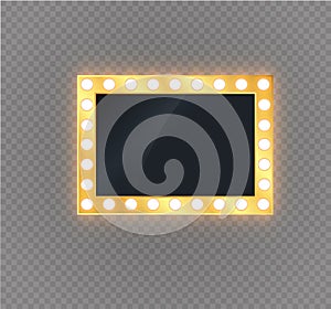 Hollywood lights. Illuminated realistic banner isolated on transparent background. Vector shine string bulbs. Las Vegas