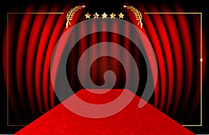 Hollywood luxury and elegant red carpet event in perspective illustration. Red color carpet for celebrity, Success gold stars