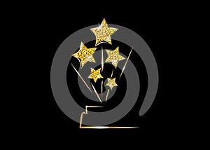 HOLLYWOOD Oscars Movie PARTY Gold STAR AWARD Statue Prize Giving Ceremony. Golden stars prize icon concept, Silhouette statue icon