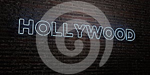 HOLLYWOOD -Realistic Neon Sign on Brick Wall background - 3D rendered royalty free stock image