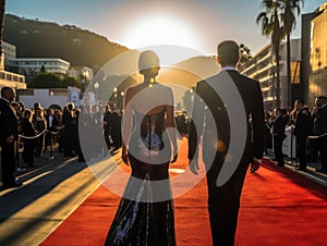 The Hollywood sign glows in the background as a dapper stylish couple walks down the red carpet at created with Generative AI