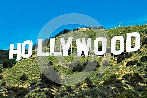 Hollywood sign. Los Angeles, California, with blue sky background