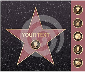 Hollywood star on celebrity fame of walk boukevard. Vector symbol star for iconic movie actor or famous actress template. Gold
