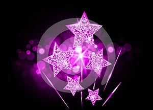 Hollywood Stars rise up to glory. Movie party pink gold glitter star award vector academy vip card on bright red blurry background