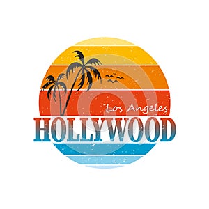 Hollywood t-shirt and apparel design with palm tree and halftoned sun, vector illustration, typography, print, logo