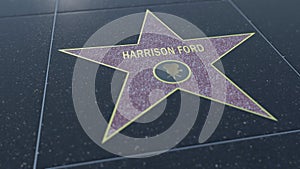 Hollywood Walk of Fame star with HARRISON FORD inscription. Editorial 3D rendering