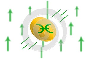 Holo coin up. Green arrow up with gaussian blur effect background. Holo HOT market price soaring. Green chart rise up.