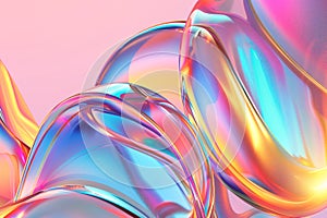 Holo geometric glass shapes glowing neon light on abstract holographic background. Flying fluid pink glassmorphism