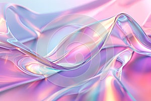 Holo geometric glass shapes glowing neon light on abstract holographic background. Flying fluid pink glassmorphism