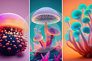 Holo glowing mushrooms illustration. AI generative magical multicolored shrooms background