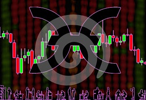 Holo HOT cryptocurrency. Background of blurry numbers and candlestick chart. Silhouettes of office workers
