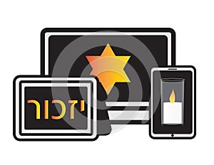 Holocaust Online Memorial Day Ceremony Banner, Yellow Jewish Star, Memorial Candle and Hebrew Word Izkor - Memorial -