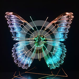 Hologram of a beautiful blue turquoise butterfly glows on a black background, close-up,
