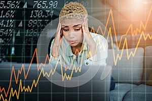 Hologram, charts and woman with inflation, stress and stock market with headache, burnout and financial crisis. Person