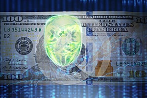 Hologram digital mask of a hacker on the background of dollars, identity theft. Concept of internet crime, cyber attack, hacking