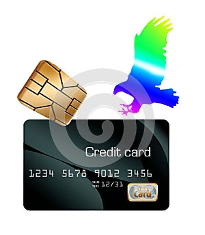 A hologram eagle comes in for a landing on a credit card and an EMV chip hovers nearby in this illustration about credit card secu