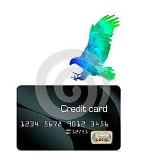 A hologram eagle comes in for a landing on a credit card and an EMV chip hovers nearby in this illustration about credit card secu