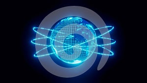 Hologram of earth globe projection over black background - technology, cyberspace and virtual reality concept