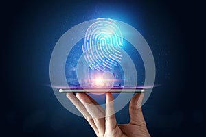 Hologram fingerprint, fingerprint scan on a smartphone, blue background, ultraviolet. concept of fingerprint, biometrics,