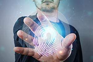 Hologram fingerprint, male hand scanning fingerprints. concept of fingerprint, biometrics, information technology and cyber