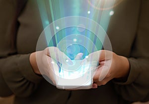 Hologram, hands and smartphone with connection, futuristic and typing for social media. Holographic, closeup and zoom