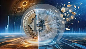 Hologram image of Bitcoin block reward reduce 50% after halving, bitcoin mining concept, node, blockchain technology, digital