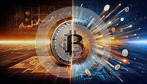 Hologram image of Bitcoin block reward reduce 50% after halving, bitcoin mining concept, node, blockchain technology, digital