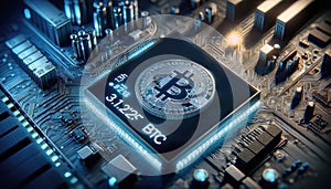 Hologram image of Bitcoin block reward reduce 50% after halving, bitcoin mining concept, node, blockchain technology, digital