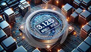 Hologram image of Bitcoin block reward reduce 50% after halving, bitcoin mining concept, node, blockchain technology, digital