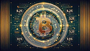 Hologram image of Bitcoin block reward reduce 50% after halving, bitcoin mining concept, node, blockchain technology, digital