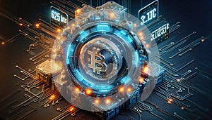 Hologram image of Bitcoin block reward reduce 50% after halving, bitcoin mining concept, node, blockchain technology, digital