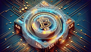 Hologram image of Bitcoin block reward reduce 50% after halving, bitcoin mining concept, node, blockchain technology, digital