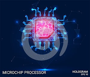 Hologram microprocessor. The processor consists of polygons, triangles, points, and lines. A microchip processes the lowpoly