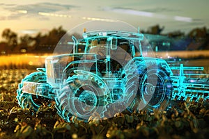 Hologram of modern agriculture tractor. Generative AI.