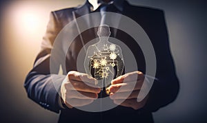 Hologram picture of a man with gears inside. Unrecognized businessman in suit and tie holding the human image. Close up.