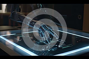 Hologram robotic hand touching a touchscreen of a tablet. Generative AI photo