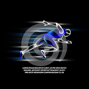 Hologram running man on a black background. vector glowing virtual sprinter illustration.