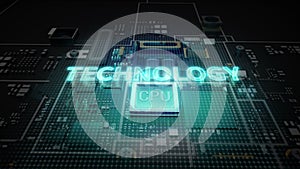 Hologram typo 'TECHNOLOGY' on CPU chip circuit, grow artificial intelligence technology.