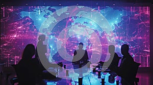 A hologram of a world map is projected in front of a team as they discuss global marketing strategies in realtime photo