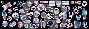 Holograph u2k sticker set, hologram cyber holo icon pack, vector space neon foil retro acid badge.