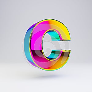 Holographic 3d letter C uppercase. Glossy font with multicolor reflections and shadow isolated on white background