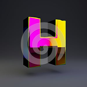 Holographic 3d letter H uppercase. Glossy font with multicolor reflections and shadow isolated on black background